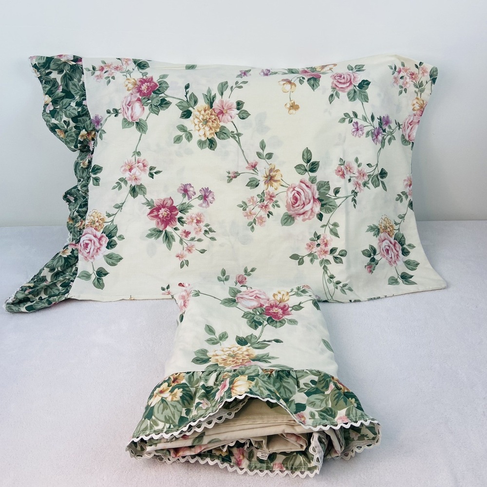 Vintage Rose Floral Ruffle Top Flat Sheet 1 Pillow Case Full Size GrannyCore